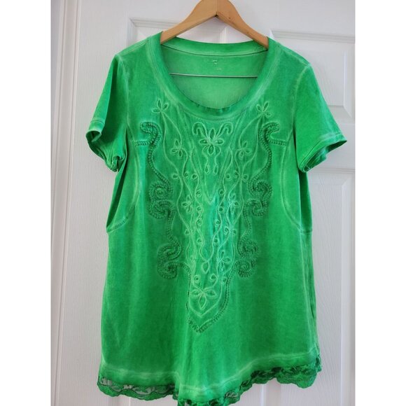 Soft Surroundings Green boho short sleeve Embroidered size Medium lagenlook - Picture 1 of 7